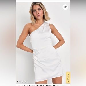 LuLu’s “Love Me Tonight White Satin One-Shoulder Mini Dress”